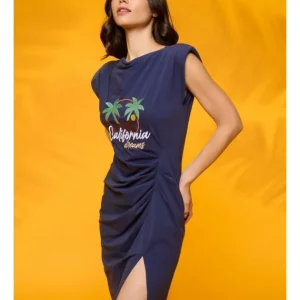 Vestido Azul Entallado Fruncido Dibujo Borado Jolla*Minueto Clearance