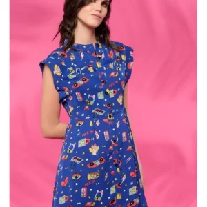 Vestido Corto Camisero Entallado Azul Estampado Ochentero Paula*Minueto New