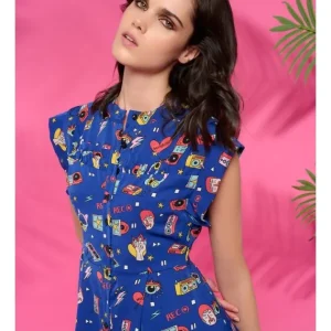 Vestido Corto Camisero Entallado Azul Estampado Ochentero Paula*Minueto New